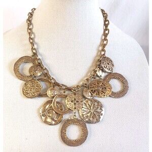 Gold Tone Chunky Coin Charm Vintage Chain Necklace 70s hammered state find